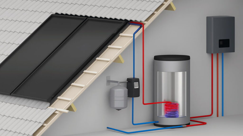Illustratie van hoe een zonneboiler werkt.