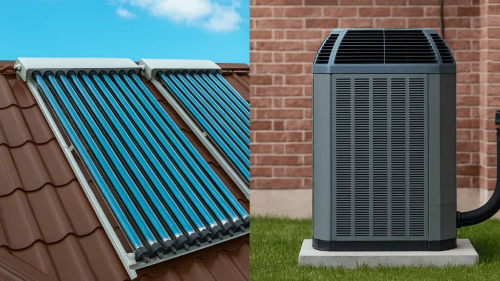 Afbeelding met links vacuümbuis zonnecollectoren op een Belgisch pannendak en rechts een lucht-water warmtepomp naast een bakstenen gevel, als voorbeeld van een zonneboiler-warmtepomp combinatie.